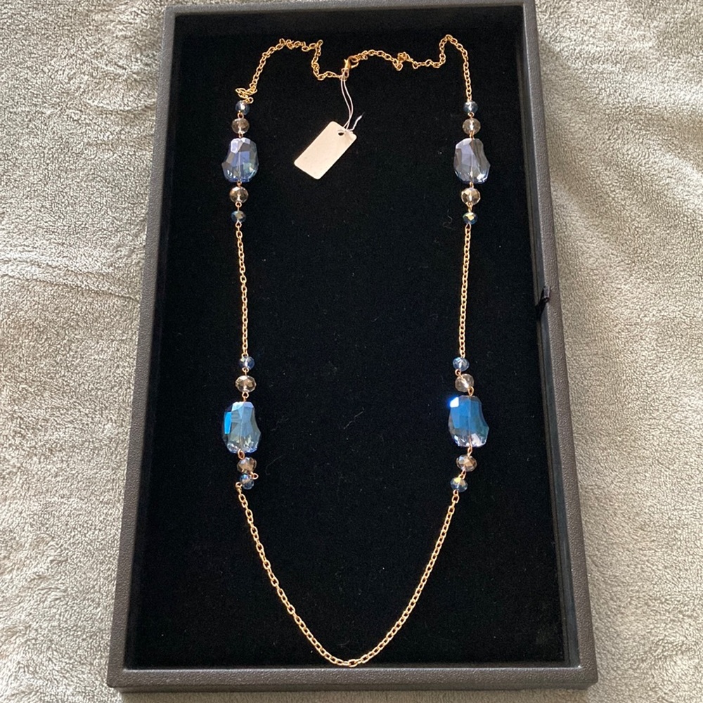 Gold chain with Blue Iridescent Glass Beads Necklace